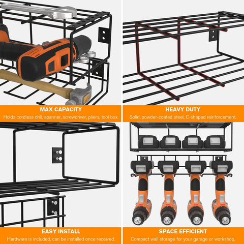 Two Set Power Tool Organizer Wall Mount System With 16 Inch Drill Holder And Screwdriver Rack Heavy Duty Garage Storage Shelf