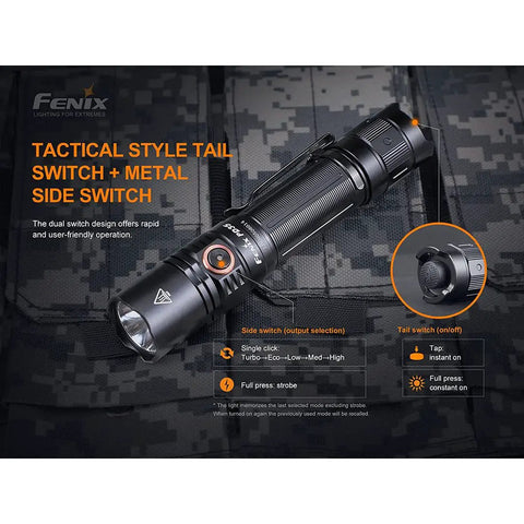 PD35 V3.0 Rechargeable Tactical Flashlight 1700 Lumens EDC With Organizer Black showing tactical style tail switch