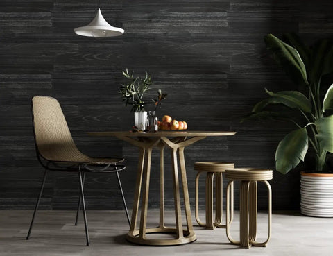 Dining room with rustic black wood paneled accent wall, featuring real rustic wall planks for interior decor with DIY peel and stick installation.