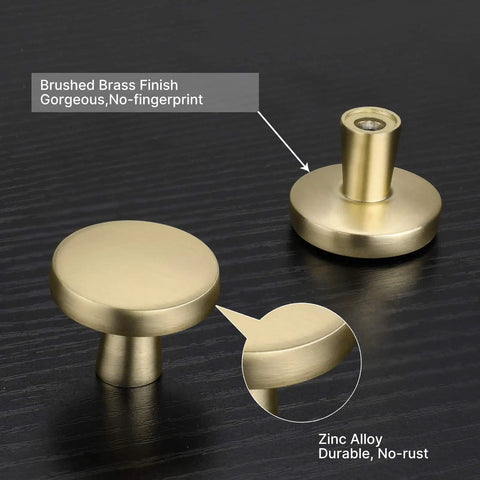 Brushed Gold Round Cabinet Knobs 20 Pack Zinc Alloy Brass Kitchen Cabinet Hardware For Dresser Drawers And Cabinets Premium Gold Tone Pulls With Classic Modern Luxury Finish, close-up of brushed brass finish and no-fingerprint surface.