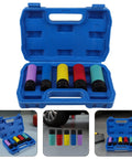 Kickstart Your Garage Game With This Slick 5Pc Non-Marring Wheel Protector Socket Set. These Thin Wall Sleeves Fit Like Gloves On Lug Nuts And Keep Your Rims Scratch-Free During Quick Tire Swaps Or Deep Hub Repairs. Grab This Must-Have Impact Wrench Kit. Blue case with 5 color-coded thin-wall impact socket sleeves