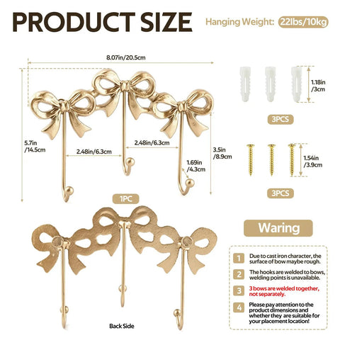 Heavy Duty Gold Bow Knot Wall Hooks Dope Brass Triple Coat Hanger Badass Metal Door Organizer size 8.07x5.7in with weight limit.