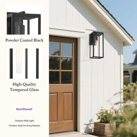 Outdoor Wall Sconce Lights 15 Inch Exterior Lantern with clear glass in black on white house wall by garage door