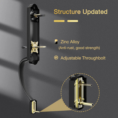 Back view of Tough As Nails Front Door Handle Set With Deadbolt And Reversible Lever in matte black, zinc alloy structure visible.