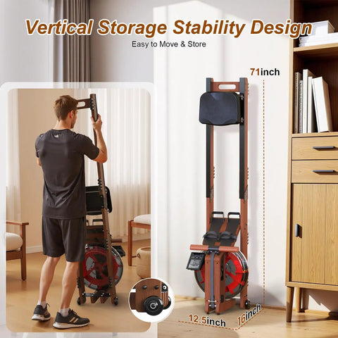 Water Rowing Machine For Home Gym With Wooden Frame And 400 Lbs Capacity, showing vertical storage design in room