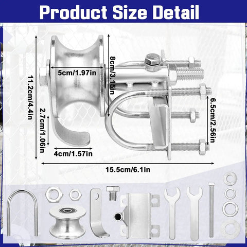 4 Pack Sliding Gate Rollers For Chain Link Gates, Heavy Duty Galvanized Gate Wheels, Fits 1-7/8 Inch Gate Frames On 1-5/8 Inch Pipe Track, Rear Track Wheels Replacement Set For Easy Install And Smooth Operation, detailed product size diagram.