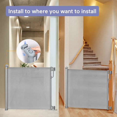 Retractable Mesh Baby Gate For Stairs And Doorways, Extra Wide Up To 71 Inches, installed in hallway and staircase area
