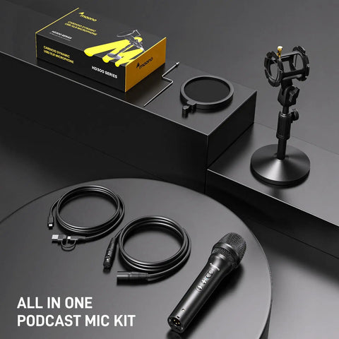 Dual USB And XLR Dynamic Podcast Mic Kit With Volume Control Shock Mount And Pop Filter displayed with cables and stand.