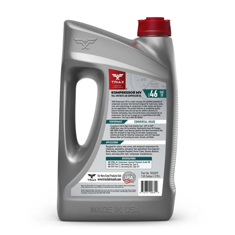 Rear view of a gray 1-gallon jug labeled Full Synthetic ISO 46 Air Compressor Oil For Rotary, Vane, Screw And Reciprocating Gear