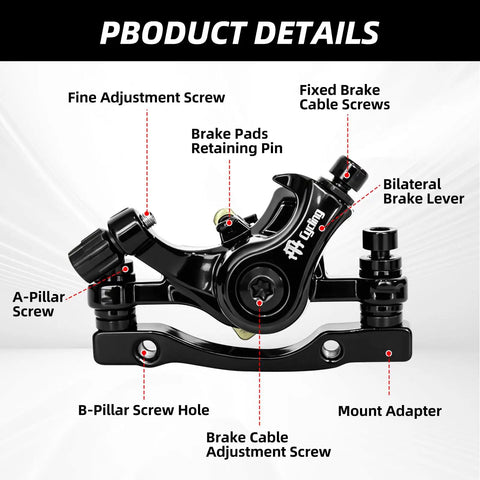 Close-up view of Alloy Mechanical Disc Brake Kit For Mountain Bikes with labeled front caliper features and adjustments.