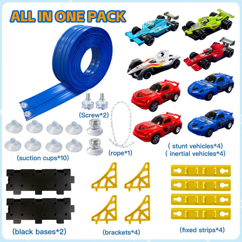 Set including blue roll-up track, eight cars, screws, suction cups, and brackets for Portable Diy Roll Up Race Track For Kids Compatible With 1 To 64 Scale Diecast Cars Includes Eight Racing Cars And Super Grip Gravity Ramp Totally Cool Birthday Gift For Boys And Girls Ages 3 To 8.