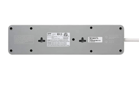 Back view of Heavy-Duty 8-Outlet Surge Protector With 2160 Joules, Flat Plug, Wall-Mountable, showing mounting holes and labels.