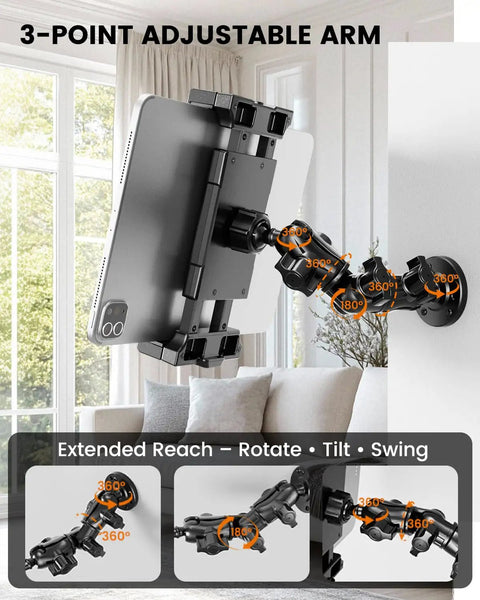 Heavy Duty Drill Base Tablet Mount Built Like A Tank Truck Dashboard Holder with 3-point adjustable arm for optimal positioning.