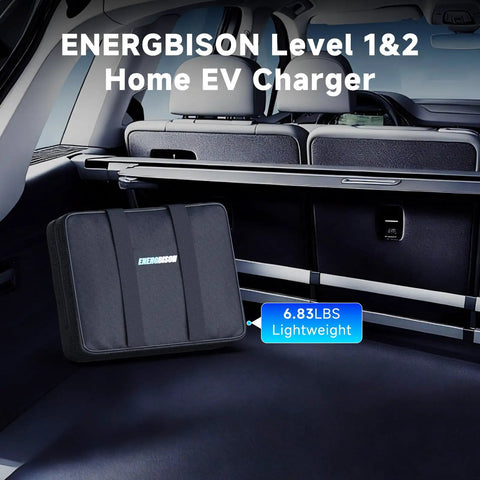 Car trunk with Level 1 And 2 Portable Home EV Charger With 16Amp 110V To 240V Flex in a case, emphasizing easy storage.