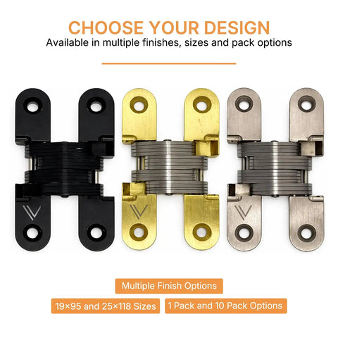 Tough As Nails Concealed Self Closing Door Hinge Satin Gold Hydraulic Adjustable Speed 180 Degree in three finishes.