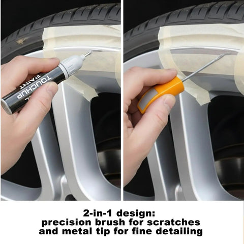 Top Shelf Gloss Silver Wheel Scratch Repair Kit For Smashing Gnarly Curb Rash On Beat Up Alloy Rims Includes Filler Sandpaper Tape And Brush For A Smooth Road Ready Shine On Your Ride. 2-in-1 design brush and metal tip.
