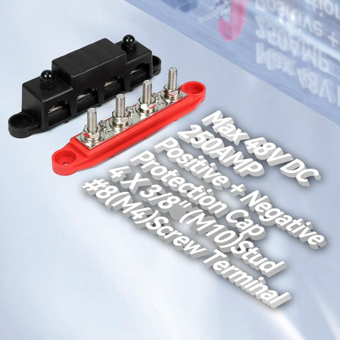 Heavy Duty 250A Power Distribution Block Bus Bar for 12 To 48 Volt Automotive Marine RV and Boat Wiring with four 3/8 inch stud connections.