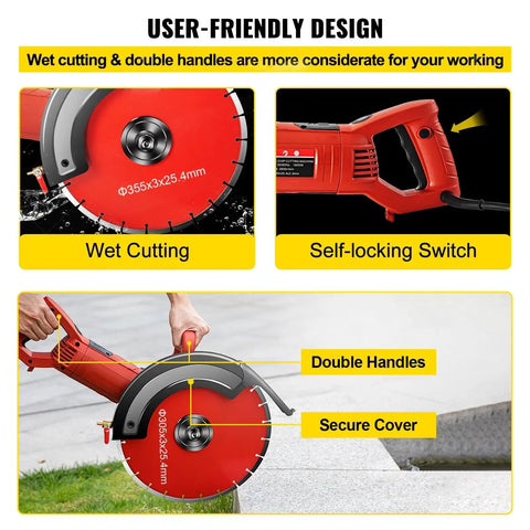 Badass 1800W Electric Concrete Saw Fully Loaded With Killer 14 Inch Diamond Blade Wet Dry Multi Function Circular Saw showing wet cutting features and double handles.