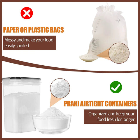 Comparison of messy bags vs Praki Airtight Food Storage Containers Set with Lids, showing organized flour storage