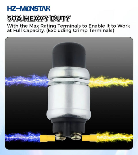 Waterproof 12V 24V Push Button Starter Switch 50A Heavy Duty for Cars Boats Trucks Tractors showing terminals and design details.