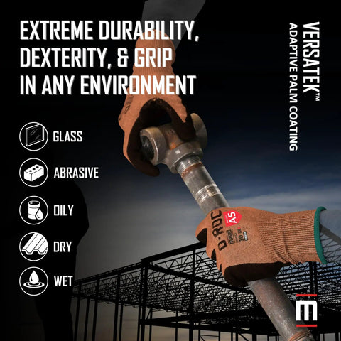 Hand wearing Dx Plus Technology VersaTek Grip Work Gloves ANSI A5 Cut Protection holding metal pipe, Large Size 9