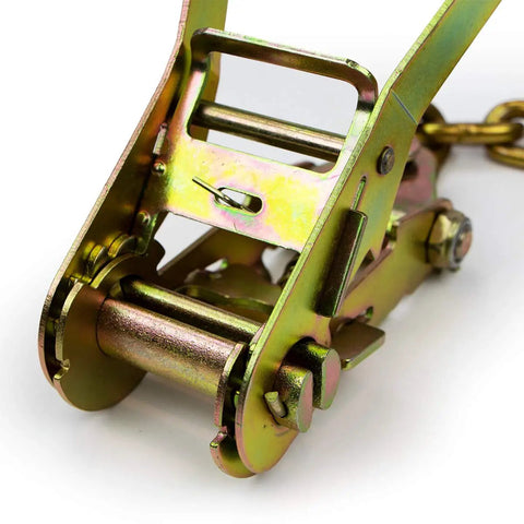 Close-up of heavy duty ratchet buckle with 2 inch wide handle and chain tail, part of four pack for 3300 pound safe working load.