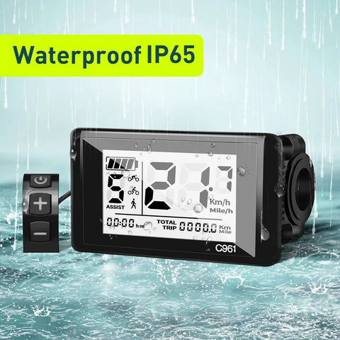 C961 5 Pin Female Ebike LCD Display showing speed and assist level, waterproof IP65, for Bafang BBS01B BBS02B BBSHD Mid Drive Motors