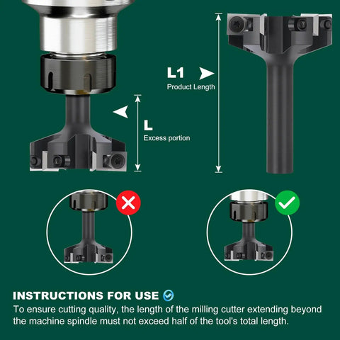 Heavy Duty Spoilboard Surfacing Router Bit For Woodworking With 2 Inch Cutting Diameter And Half Inch Shank Planing Bit With 6 Carbide Inserts For Lightning Fast Slab Flattening shown with product dimensions and use instructions.