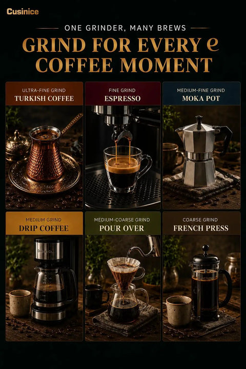 Conical Burr Coffee Grinder For Home Use With 34 Grind Settings, 40mm Stainless Steel Burr, showing various coffee brews