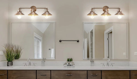 Brass Gold 3 Light Industrial Farmhouse Vanity Wall Sconce With Metal Shade for bathroom over double sinks with mirrors