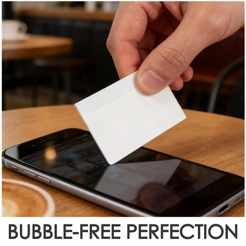 Applying 20 Piece Scratch Resistant Vinyl Smoothing Tool Kit For Phone Screen Protector to remove bubbles from smartphone.