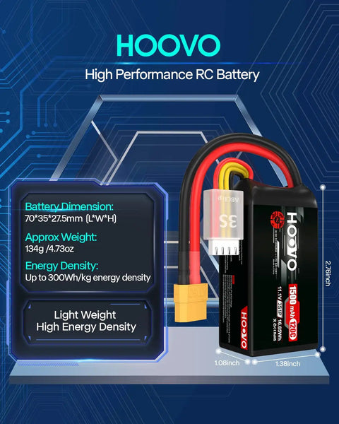 3S 120C 11.1V LiPo Battery With XT60 Plug For FPV Racing RC Quadcopter And Multirotor Hobby Two Pack showcased with dimensions and features