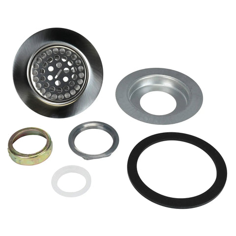 Flat Top Shower Drain Strainer For Mobile Homes And RVs Chrome Finish 4 And A Half Inch Outer Flange Durable Metal Construction Keeps Bathroom Drains Flowing And Debris Free with all parts displayed