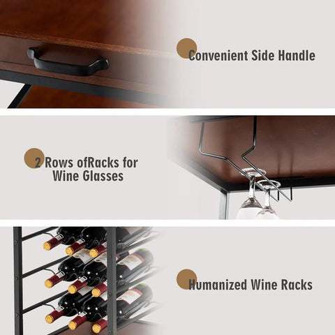 Slick Rolling Kitchen Island Cart With Rustic Brown Wood And Steel Frame nine bottle wine rack with glass holders and side handle.
