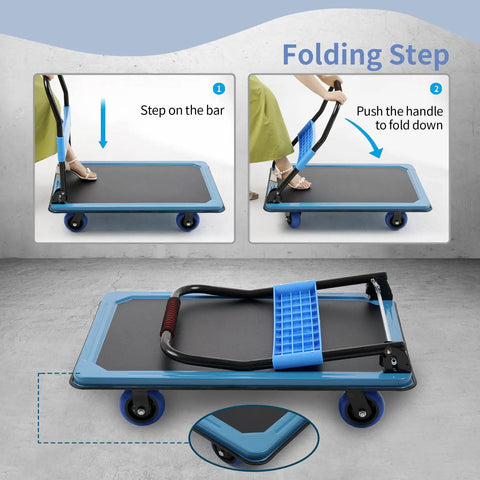 Steps to fold the Tough As Nails Folding Platform Truck Cart Built With Thick Steel Plate And Smooth Rolling Wheels for storage.