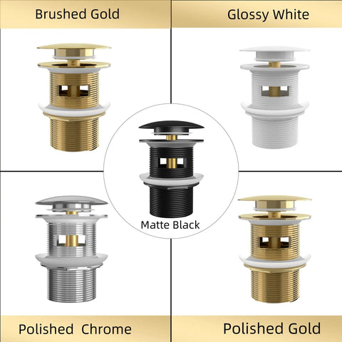 Black Pop Up Tub Drain For Freestanding Bathtubs Easy Install Kit With Standard Thread Stopper Anti Rust Copper Matte Black Finish showcased among other finishes like brushed gold and polished chrome.