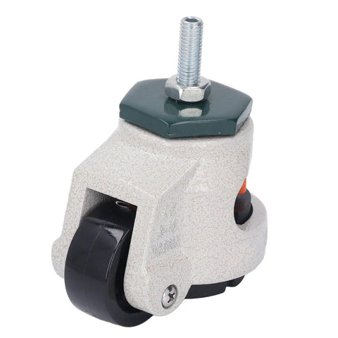 Heavy Duty Stem Caster With Swivel And Adjustable Leveling Plate, Tough As Nails 880 Pound Load Capacity For Furniture And Workshop Equipment, Legit Smooth Nylon Rollers That Glide Like Butter close-up showing alloy housing and nylon wheel.