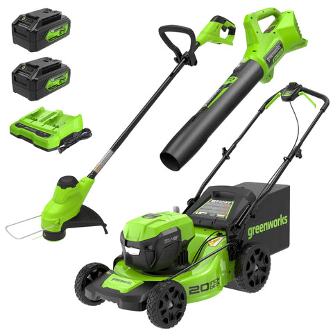 Cordless 48V Yard Power Kit No Gas Mess With A 20 Inch Brushless Lawn Mower And A 12 Inch String Trimmer And A 320 CFM Leaf Blower Includes Two 4Ah Batteries And Dual Port Fast Charger