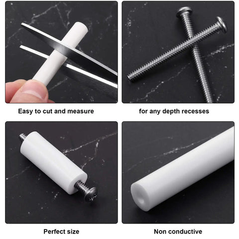 64 Piece Electrical Outlet Spacers And Box Extender Kit With Sixteen Three Inch Switch Spacers And Forty Eight Long One And One Half Inch Six By Thirty Two Flat Head Screws White For Quick Easy Fixes Of Wonky Or Sunken Outlets, showing screws, spacers, and easy cutting feature.