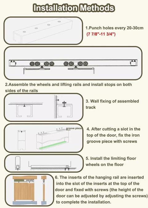 Installation guide illustrating methods for Heavy Duty Bypass Sliding Door Hardware Kit, showing track and roller assembly.