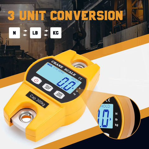 Straight Up Heavy Duty Digital Crane Scale Built Like A Tank For Ranch Grind Jobs With Remote Control Peak Hold Feature Bright Led Reading And 2000 Pound Max Load For Zero Hassle Lifting, displaying unit conversion options.