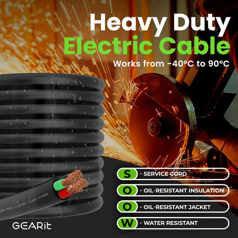 Heavy Duty 12/4 12 AWG Portable Power Cable SOOW 600V 4 Conductor, 25ft Electric Wire, coiled cable with sparks background