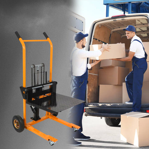 Rock Solid Hydraulic Pallet Jack Stacker With 440 Lb Heavy Load Capacity used with workers loading boxes into a van.