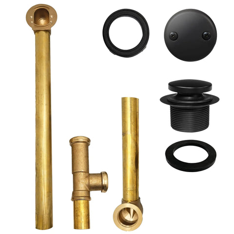 No Fuss Above Floor Bathtub Overflow Drain Kit With Tip Toe Drain Valve And Two Hole Cover Matte Black, brass components and black trim