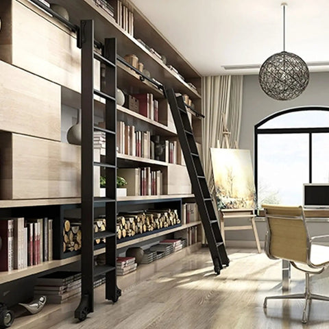 Heavy Duty Sliding Library Track Kit 20 Foot With Floor Roller Wheels in modern library, shelves secured without ladder