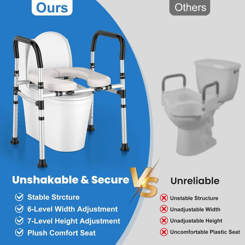 Premium Raised Toilet Seat Featuring Secure Grip Handles For Seniors And Pre And Post Surgery Recovery Built Tough With Anti Slip Base No Hassle Setup Supports Four Hundred Pounds FSA HSA Approved Bath Gear with adjustable height and width.