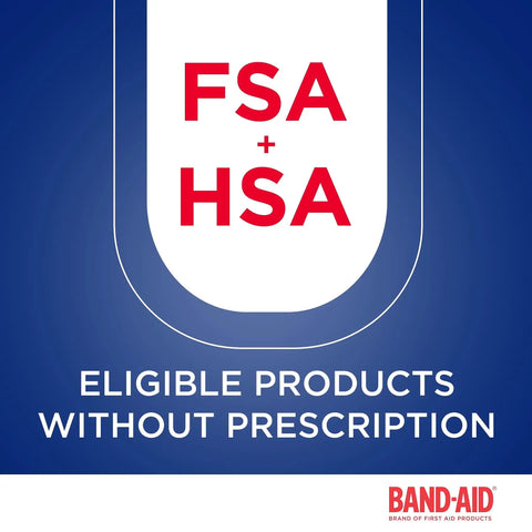 FSA and HSA eligible products without prescription text with Band-Aid logo on blue background