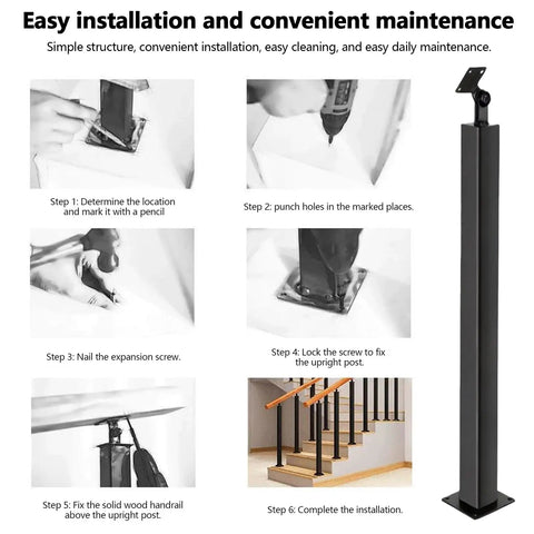 Easy installation steps for Tough Minimal Holeless Stair Rail Post With Rock Solid 270 Degree Adjustable Iron Support for stairs.
