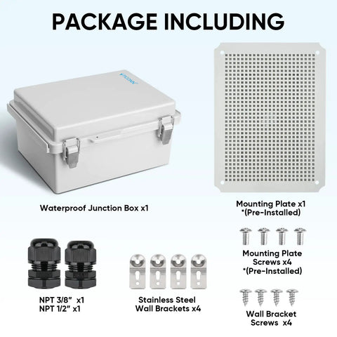 Outdoor Waterproof Electrical Box IP67 Junction Enclosure Made From ABS Plastic With Hinged Cover Mounting Plate And Wall Brackets Cable Glands Built Tough For Real World Weather Applications package contents