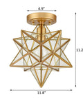 Brass Moravian Star Ceiling Light Flush Mount With Clear Glass Shade, Modern Transitional Design, 11.8 inches wide, 4.9 inches tall
